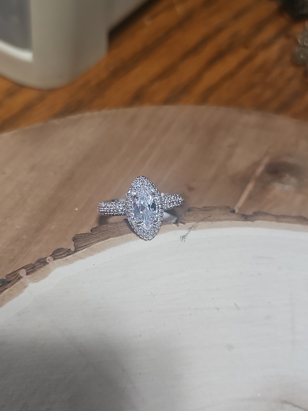 Silver Marquise Halo Engagement Ring with Clear Stone Signed